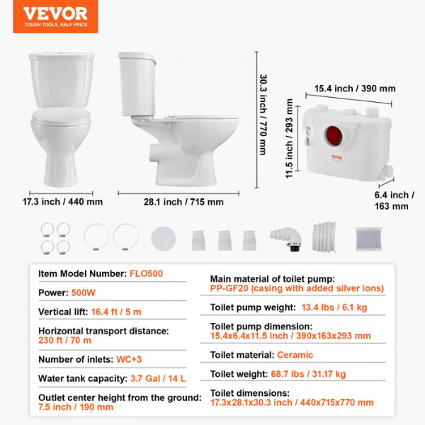 WC Broyeur Sanitaire 500 W, Pompe de Relevage Puissante, Système Compact avec Broyeur à Décharge Arrière et Chasse d'Eau, 3 Entrées, Sous-sol