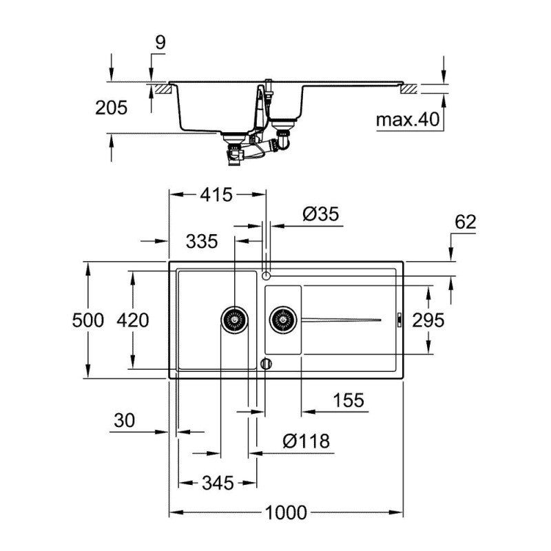Évier K400 GROHE 31642AT0 1 bac + 1/2 bac + 1 égouttoir - gris granite